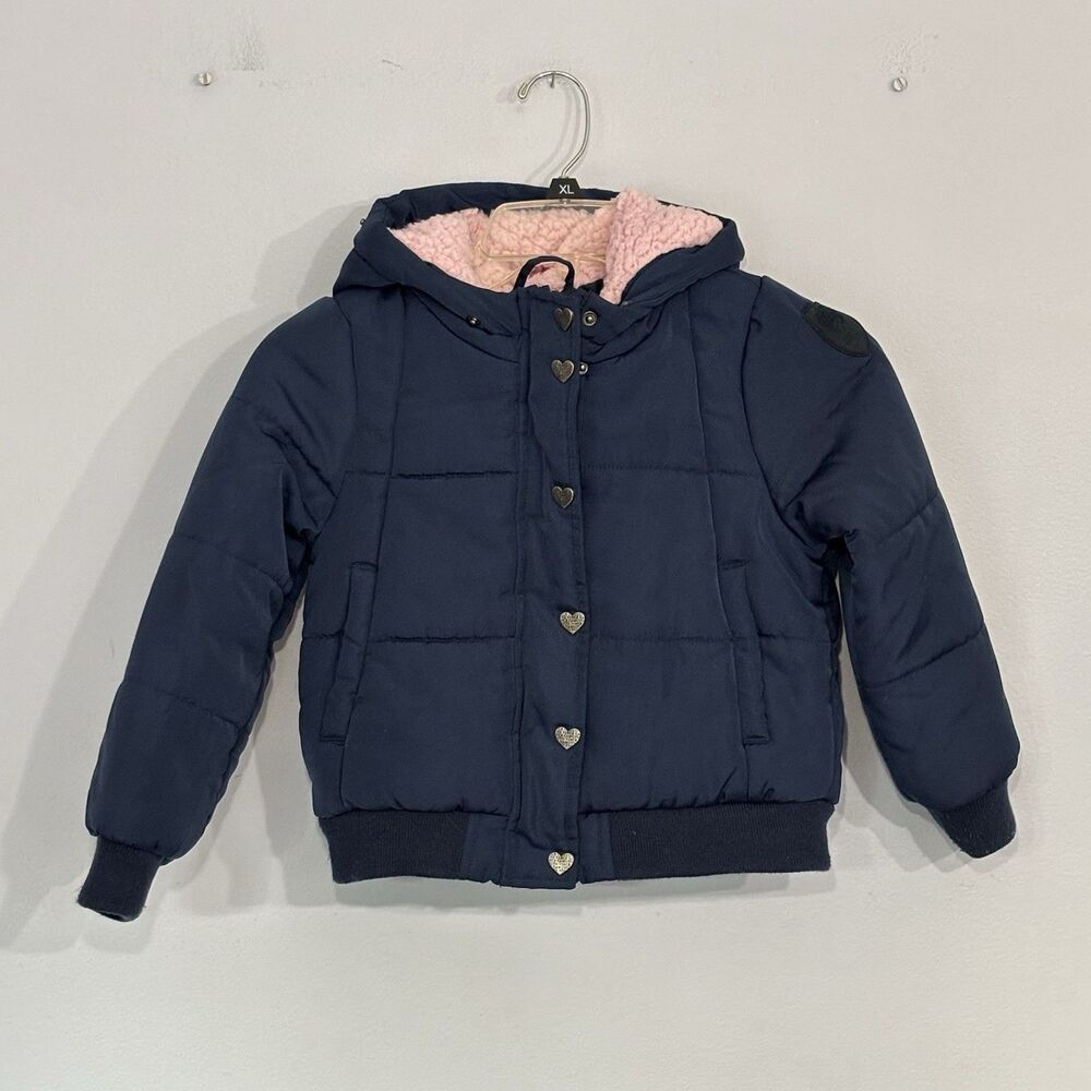 Vince Camuto Girls Navy Blue Winter Puffer Coat Pink Lining Heart Snaps Size 5/6